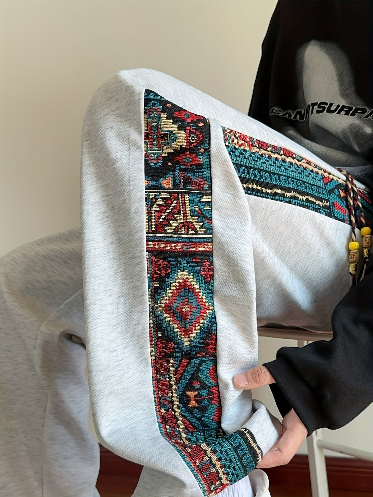 Wide Leg Trousers with Patterned Side Panels and Drawstring Waist