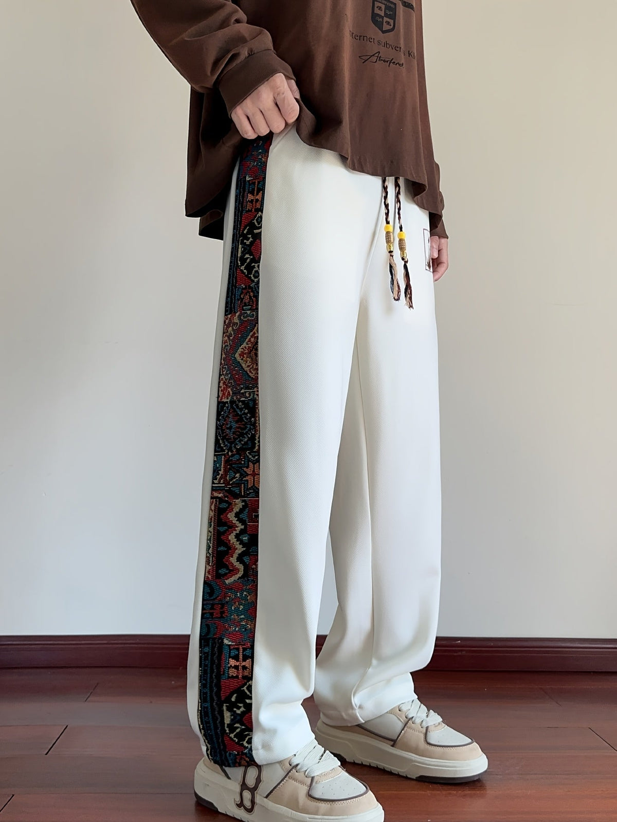Wide Leg Trousers with Patterned Side Panels and Drawstring Waist