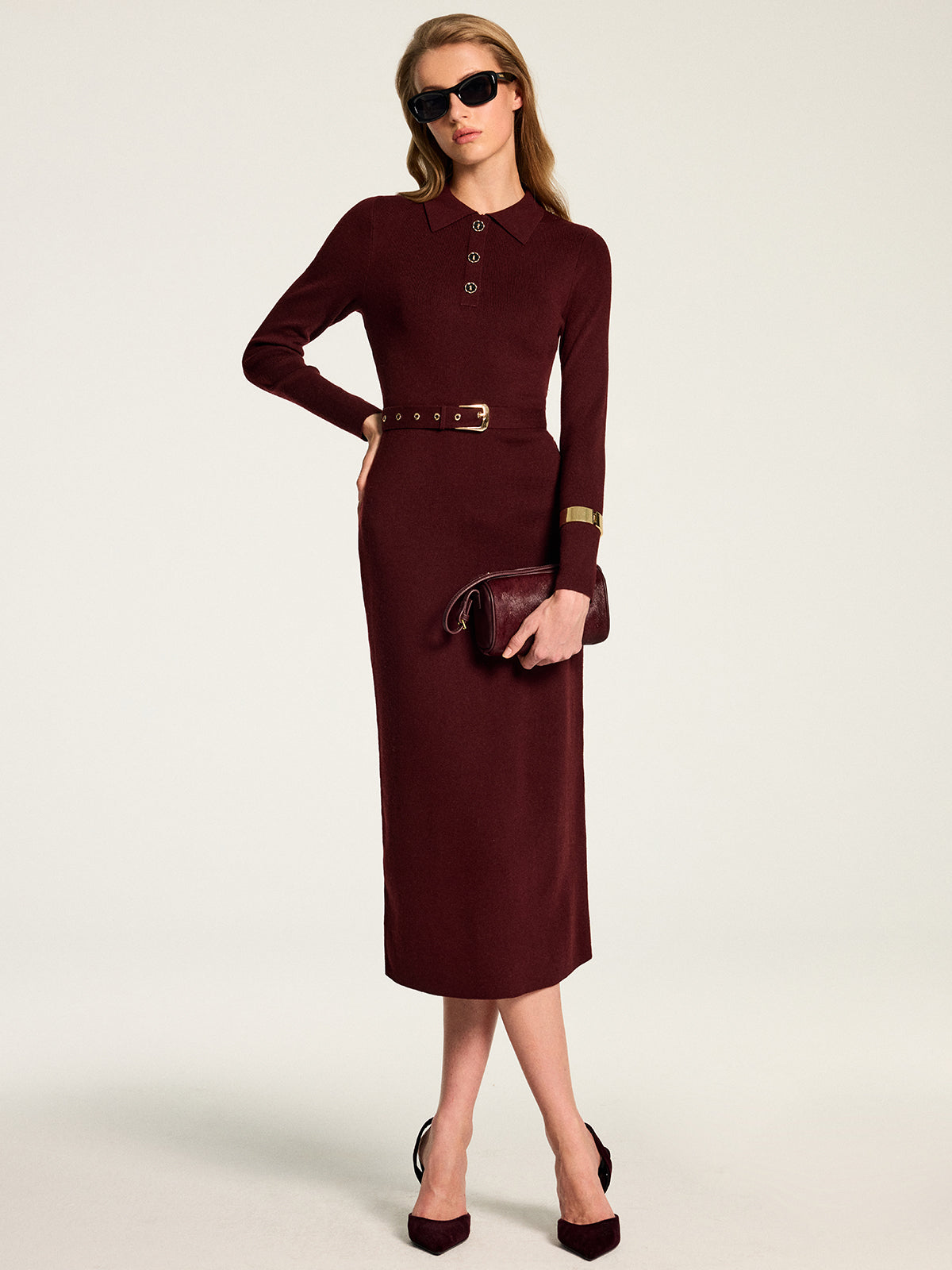 Knit Maxi Dress with Belted Waist and Long Sleeves, High Stretch Blend