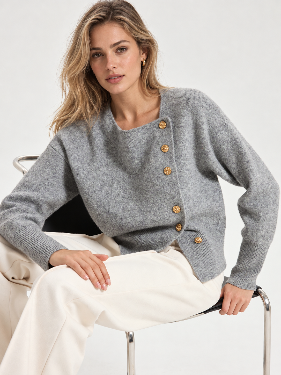 Knit Sweater with Metal Button Detail and Wool Blend, Regular Fit