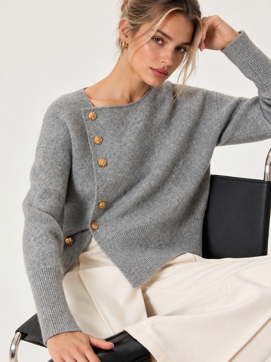 Knit Sweater with Metal Button Detail and Wool Blend, Regular Fit