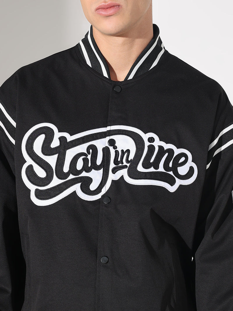 Men’s Black Mandarin Collar Varsity Jacket with Typography