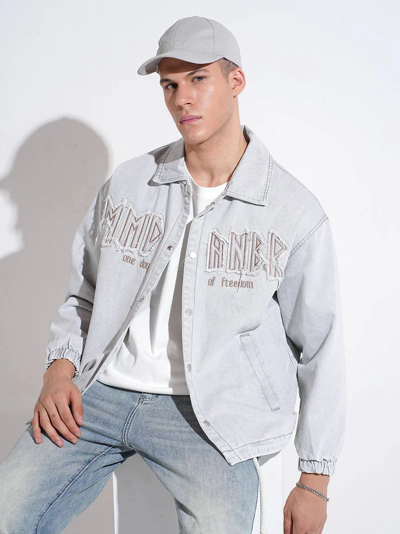 Men’s Gray Typography Denim Jacket, Embroidered Detail