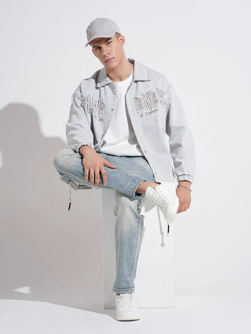 Men’s Gray Typography Denim Jacket, Embroidered Detail