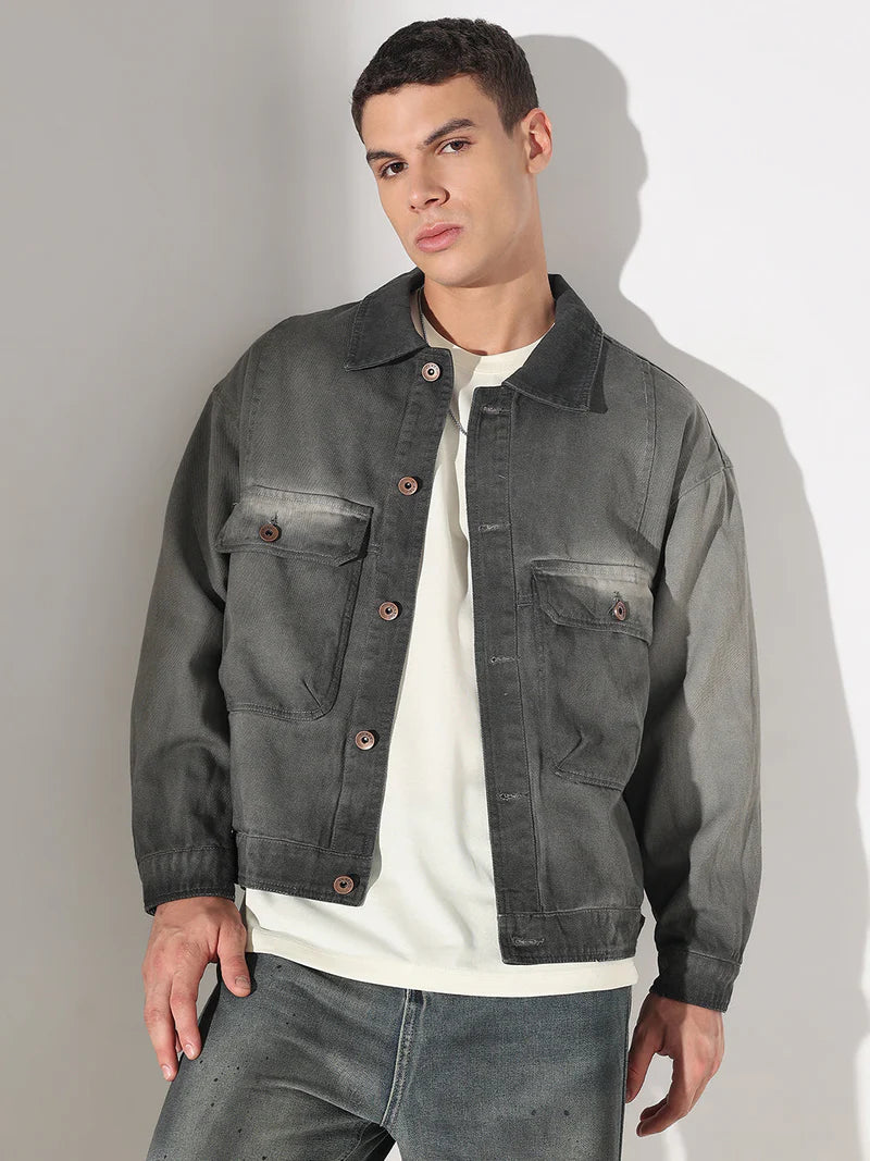 Men’s Gray Washed Denim Jacket, Utility Pocket Design