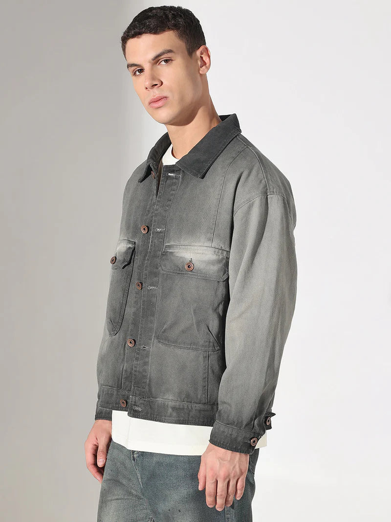 Men’s Gray Washed Denim Jacket, Utility Pocket Design