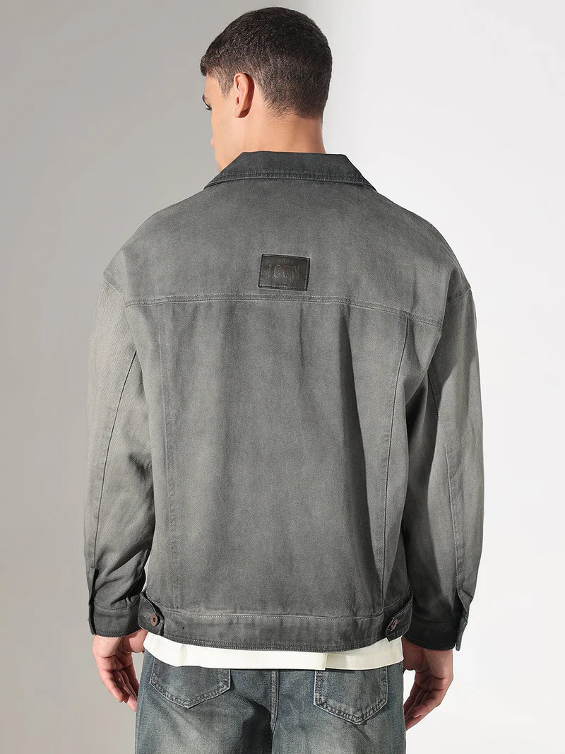 Men’s Gray Washed Denim Jacket, Utility Pocket Design