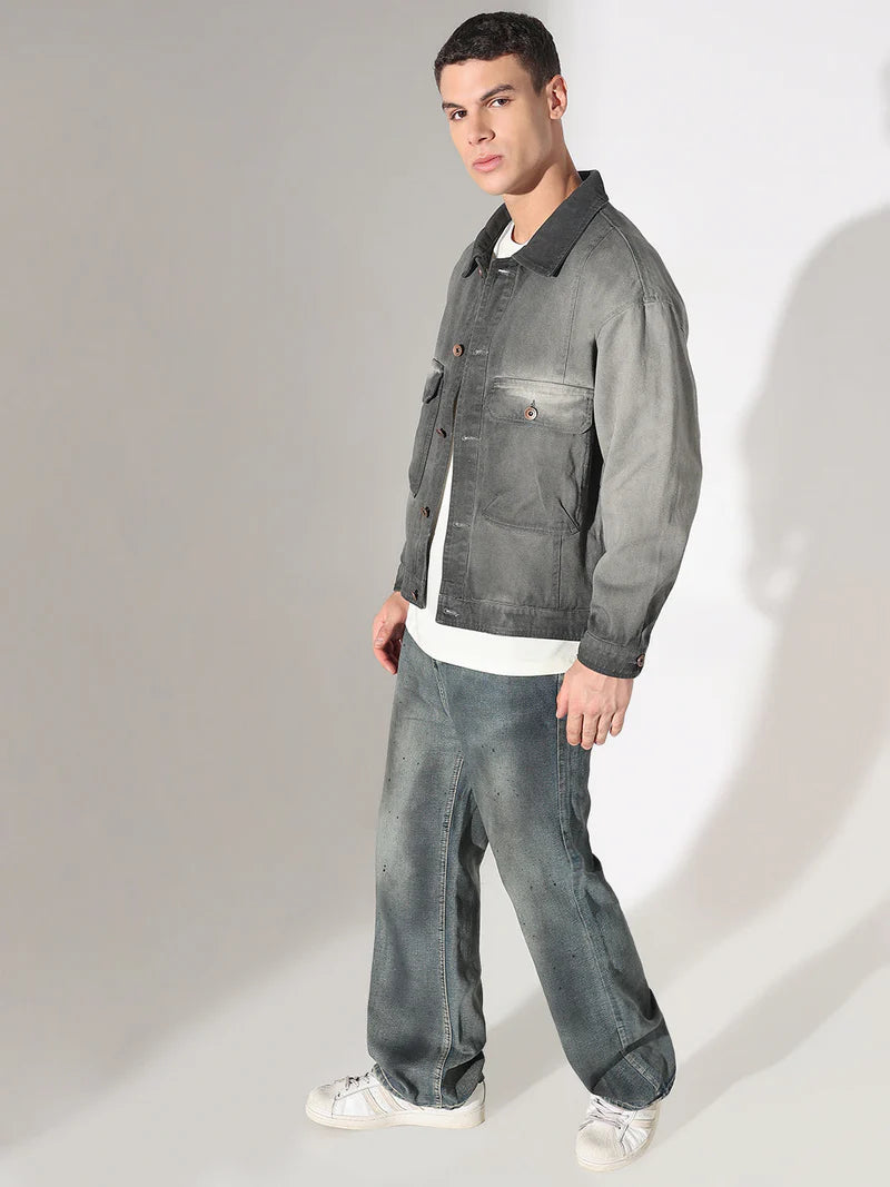 Men’s Gray Washed Denim Jacket, Utility Pocket Design
