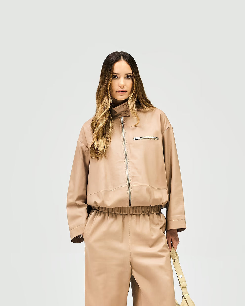 Women’s Leather Fuel Beige Jacket Warm Taupe, 2-Way Zip