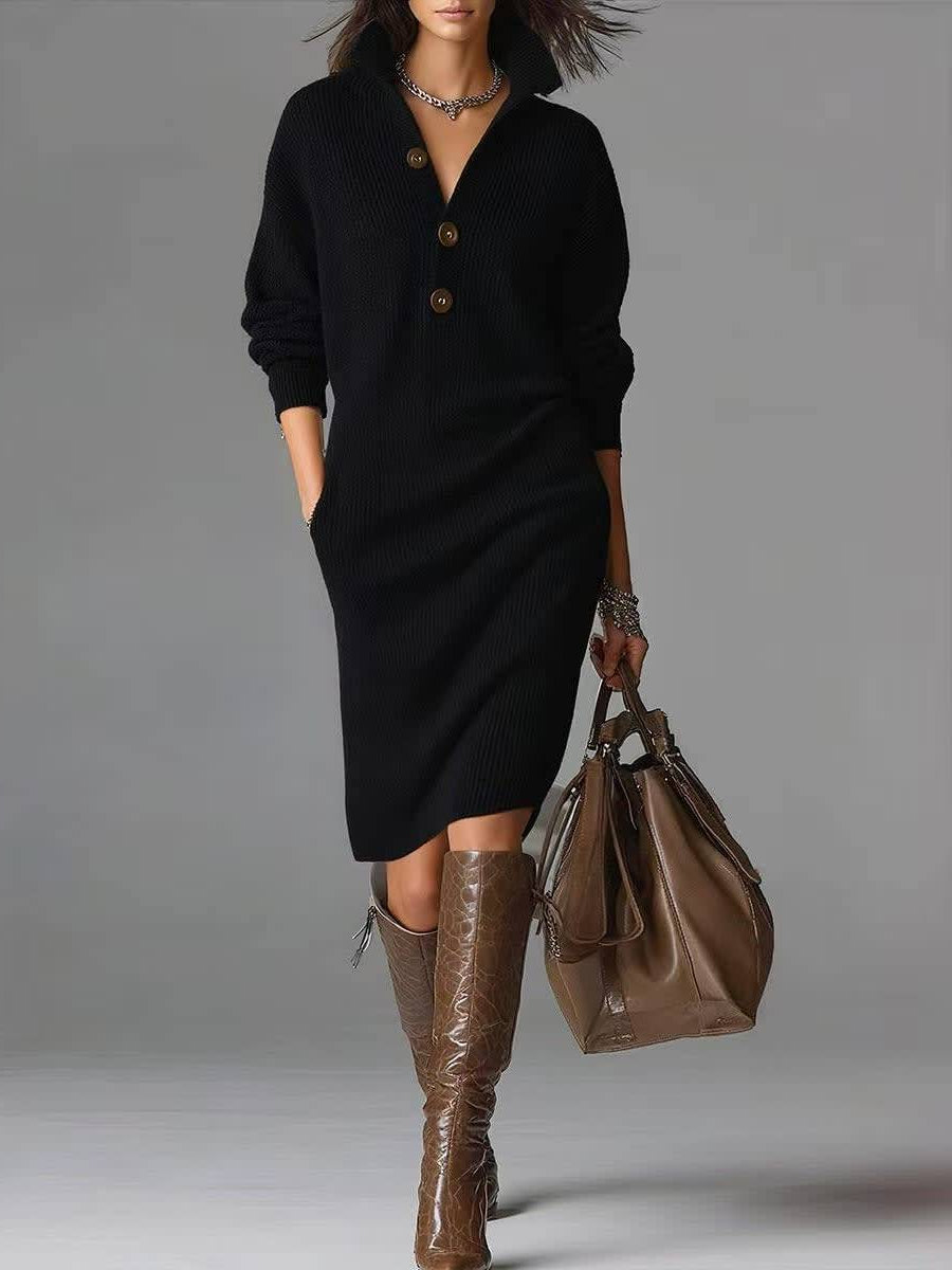 Ribbed Knit Midi Dress with Buttoned Stand Collar and Deep Side Pockets