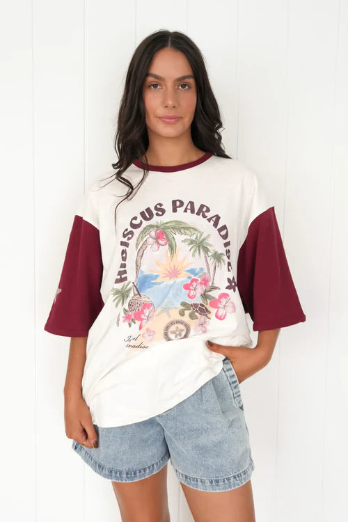 Women’s Paradise Oversized Tee Wine, Vintage Wash