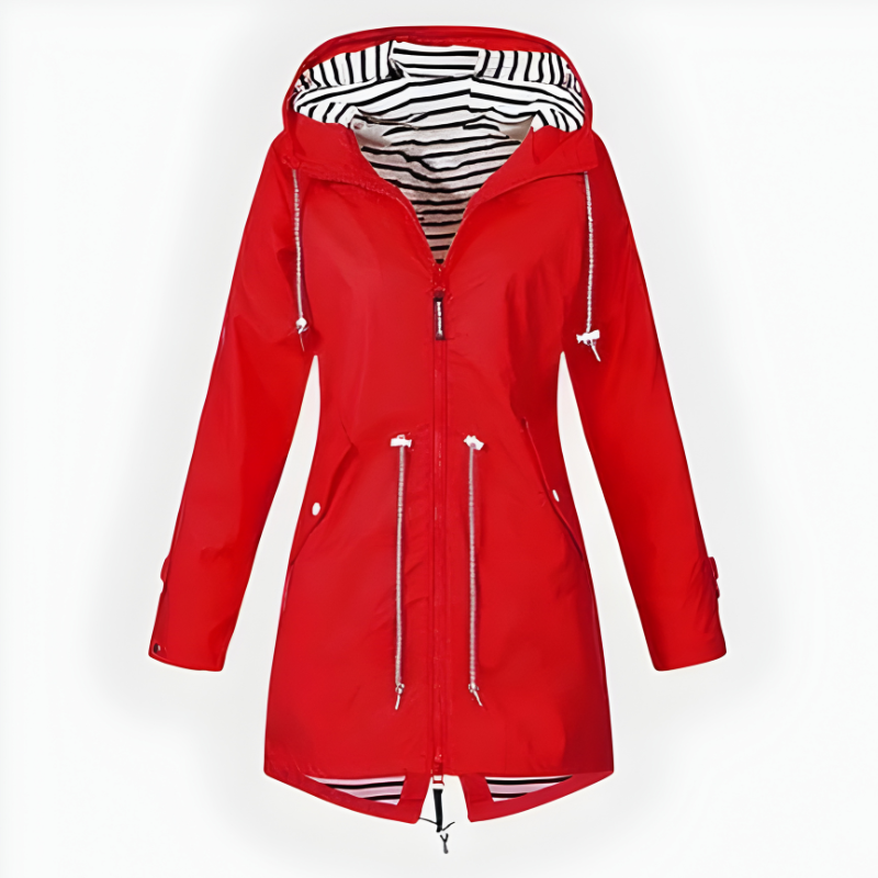 Extended Length Rain Jacket with Adjustable Hood and Front Zipper for Women