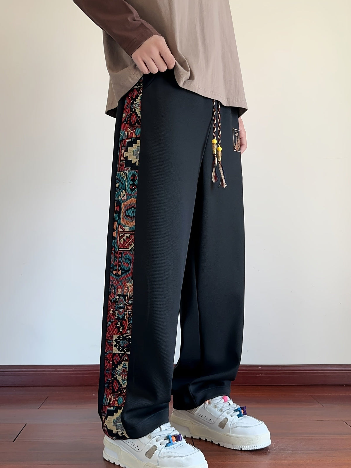 Wide Leg Trousers with Patterned Side Panels and Drawstring Waist