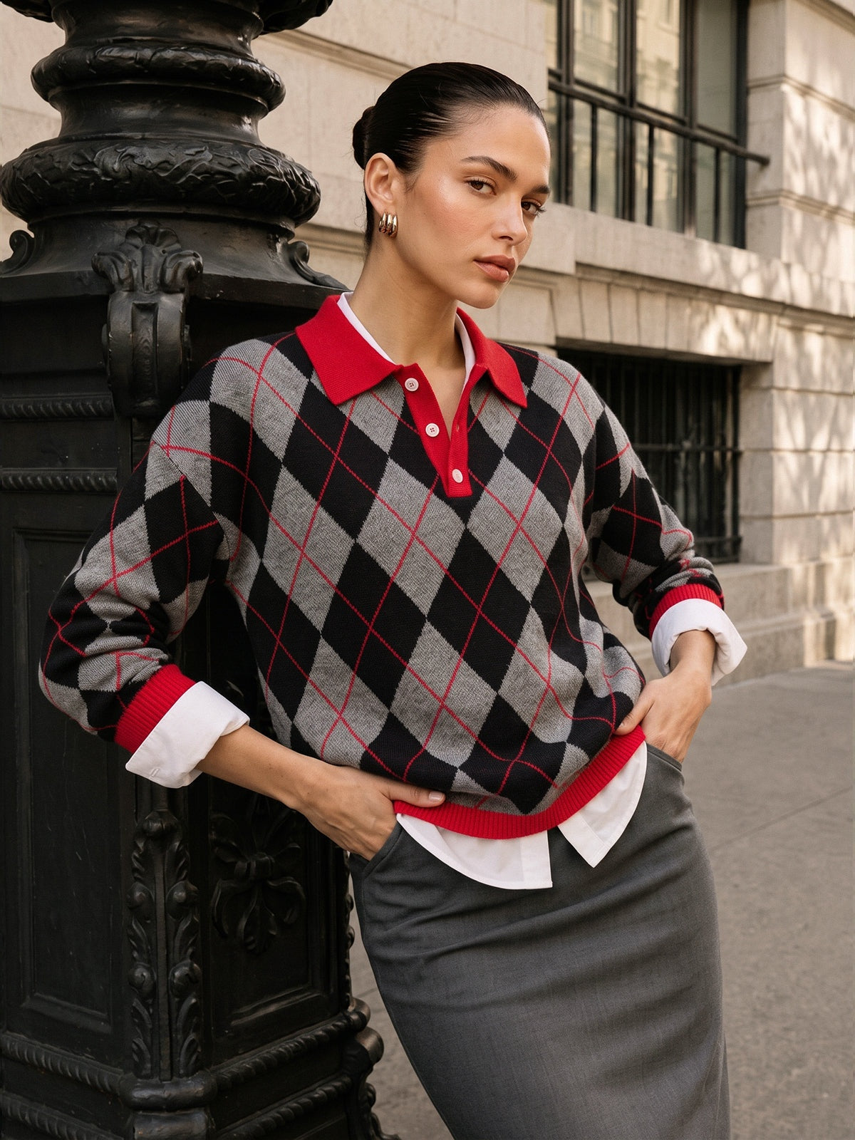 Argyle Polo Collar Knit Sweater with High Stretch Blend and Relaxed Fit