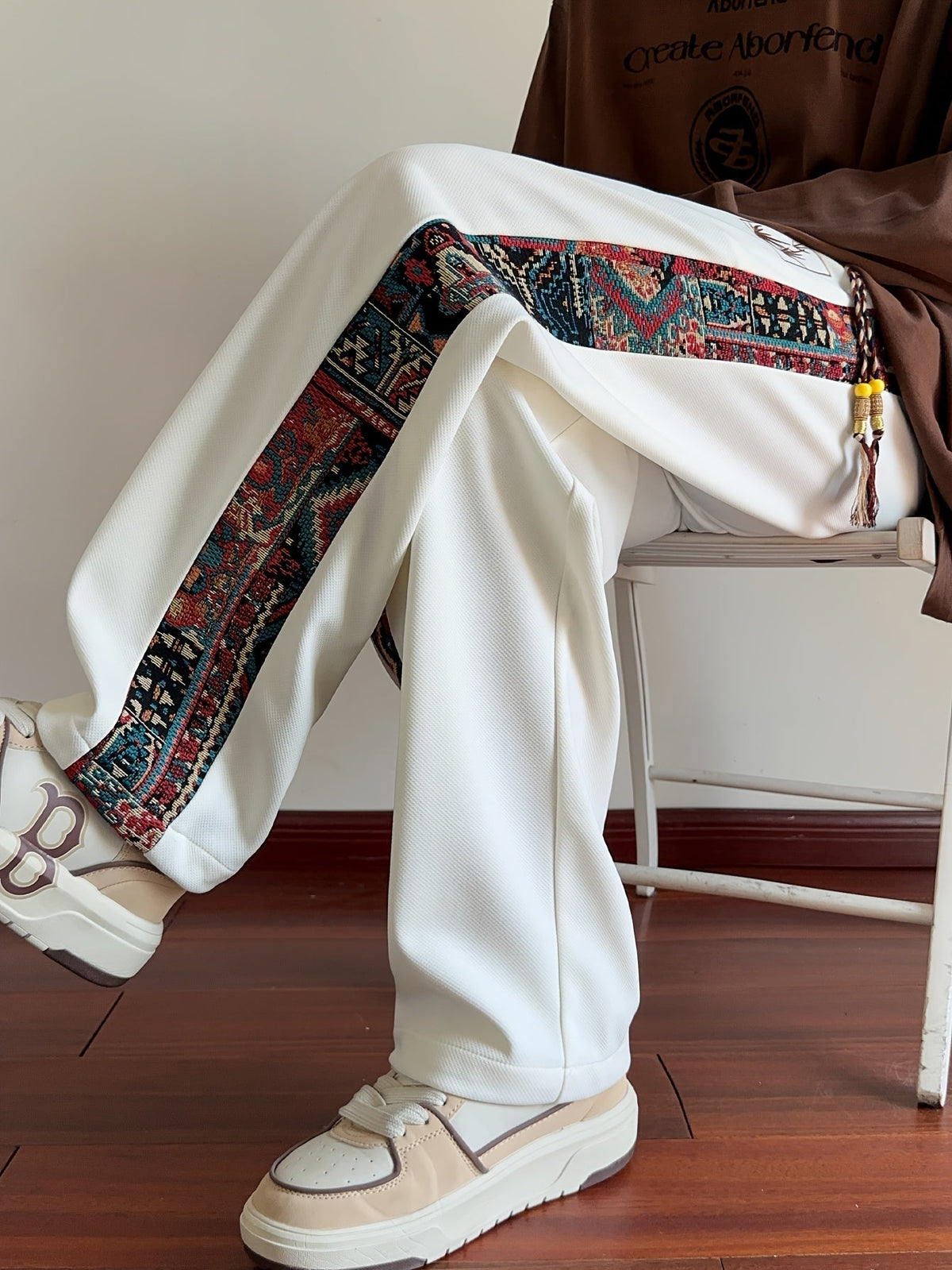 Wide Leg Trousers with Patterned Side Panels and Drawstring Waist