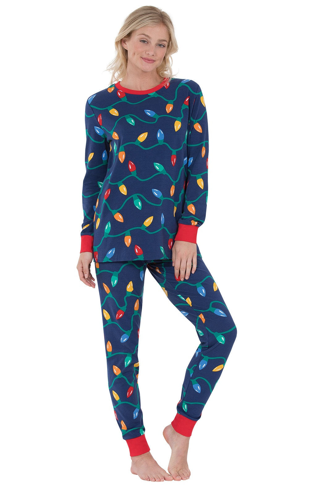 Christmas Lights Pajama Set with Long Sleeves and Jogger Pants, Crew Neck