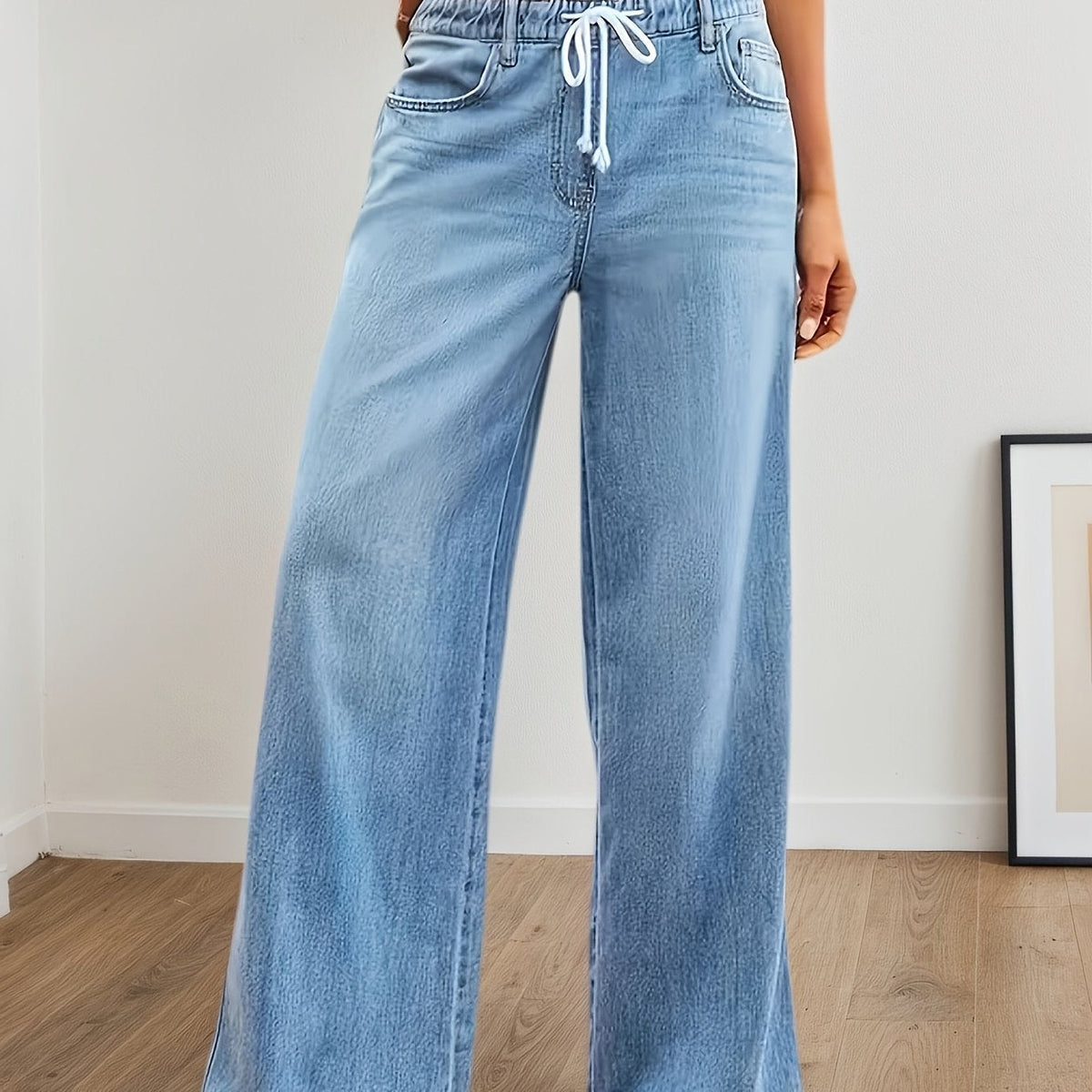 Elastic Waist Wide Leg Pants with High Rise and Functional Pockets