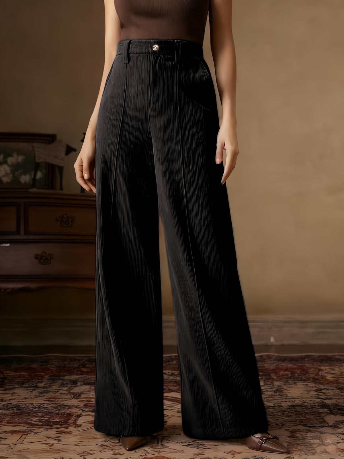 Womens High-Waisted Wide-Leg Trousers with Flat Waistband and Machine Washable Fabric