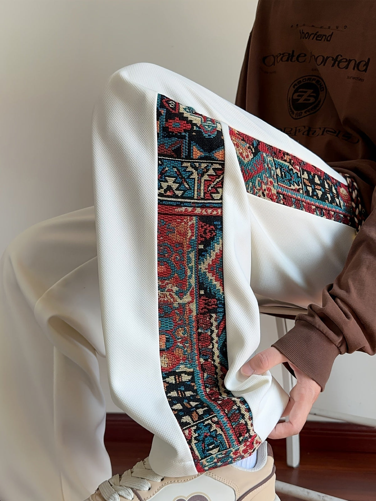 Wide Leg Trousers with Patterned Side Panels and Drawstring Waist