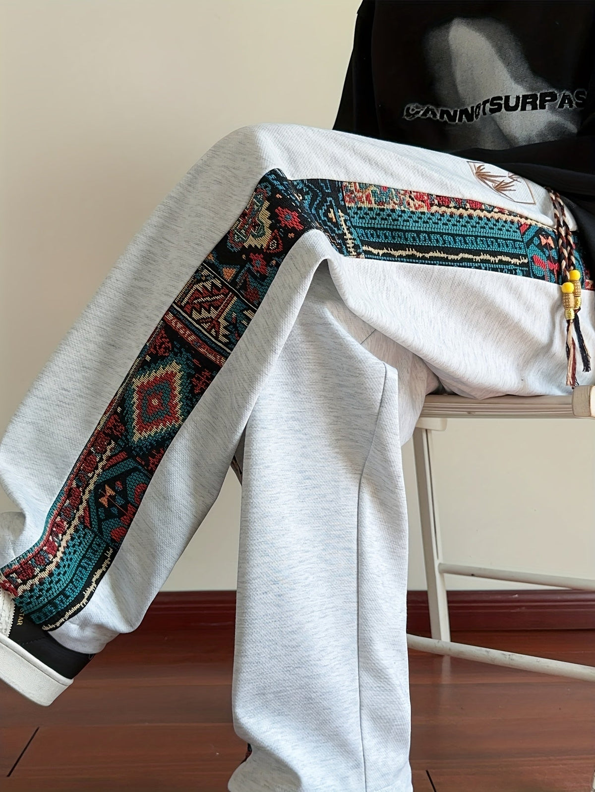 Wide Leg Trousers with Patterned Side Panels and Drawstring Waist