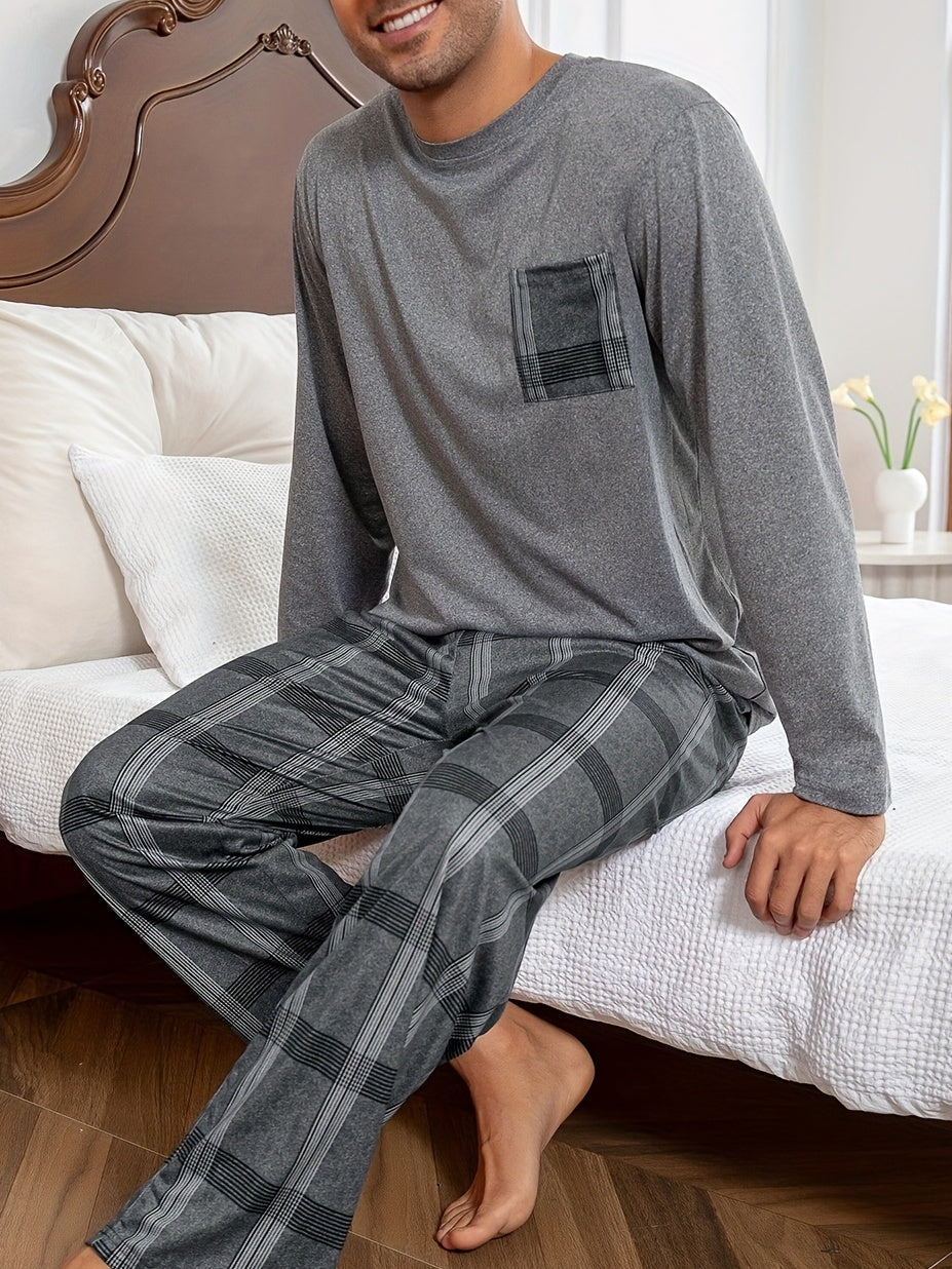 Two Piece Lounge Set with Crew Neck Top and Plaid Pants, Adjustable Drawstring Waist