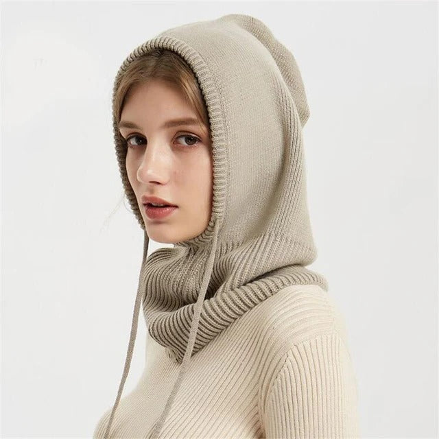 Wool Hooded Beanie with Drawstring Adjustment and Neck Coverage for Winter