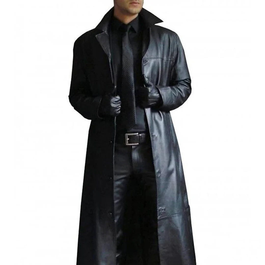 Mens Leather Coat with Full Length Zipper and Interior Pockets, Classic Tailored Cut