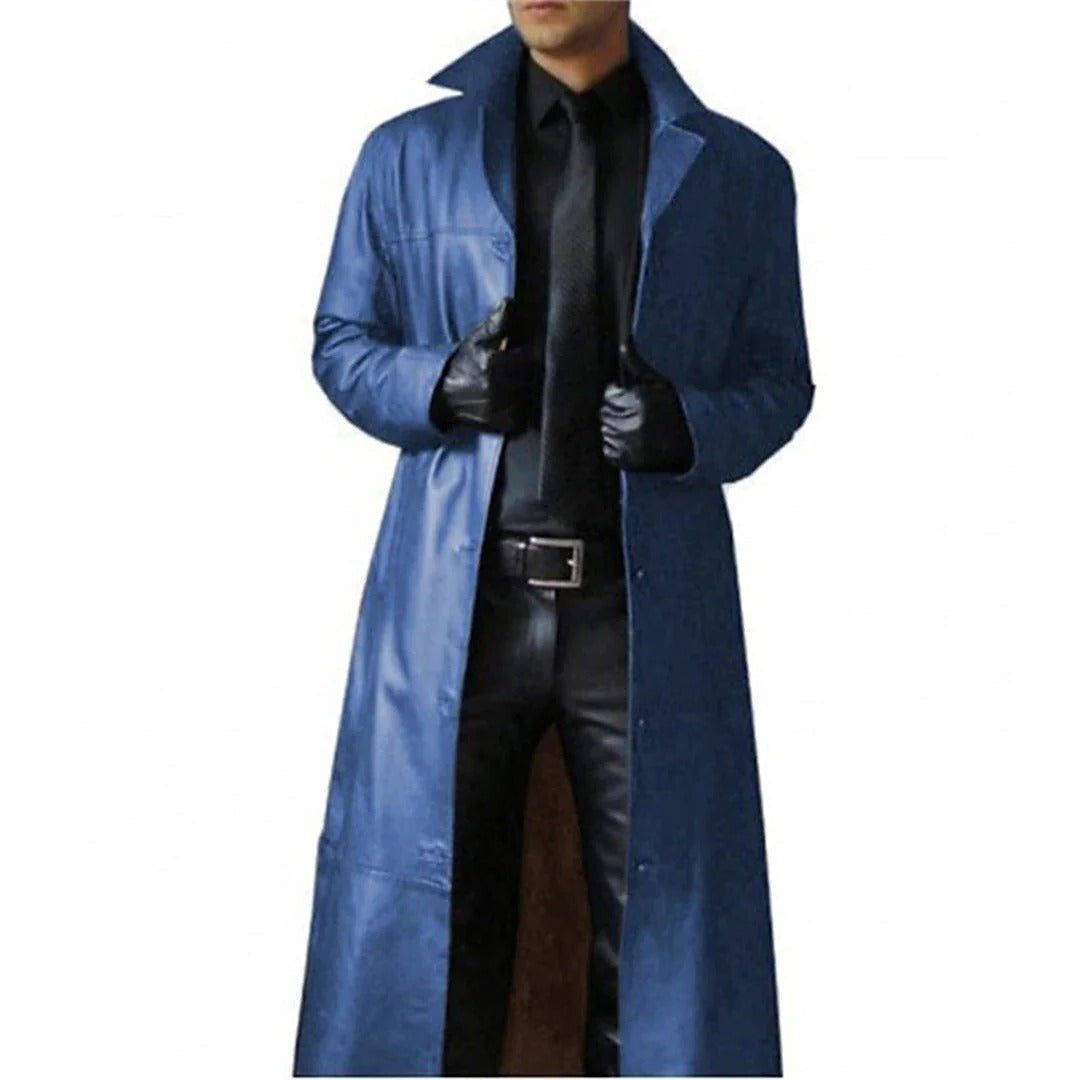 Mens Leather Coat with Full Length Zipper and Interior Pockets, Classic Tailored Cut