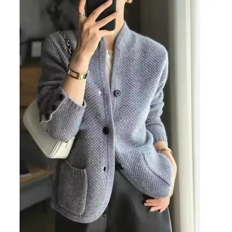 Knit Sweater Jacket with Front Closure and Side Pockets for Winter