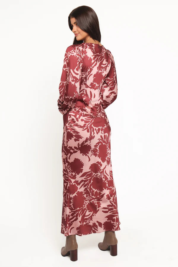 Women’s Long Sleeve Maxi Dress, Satin Floral V-Neck Dress