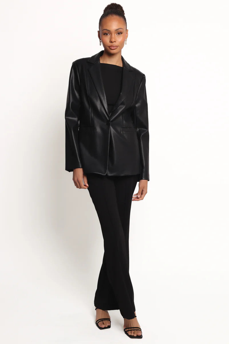 Women’s Faux Leather Blazer, Notch Lapel Single Button Blazer