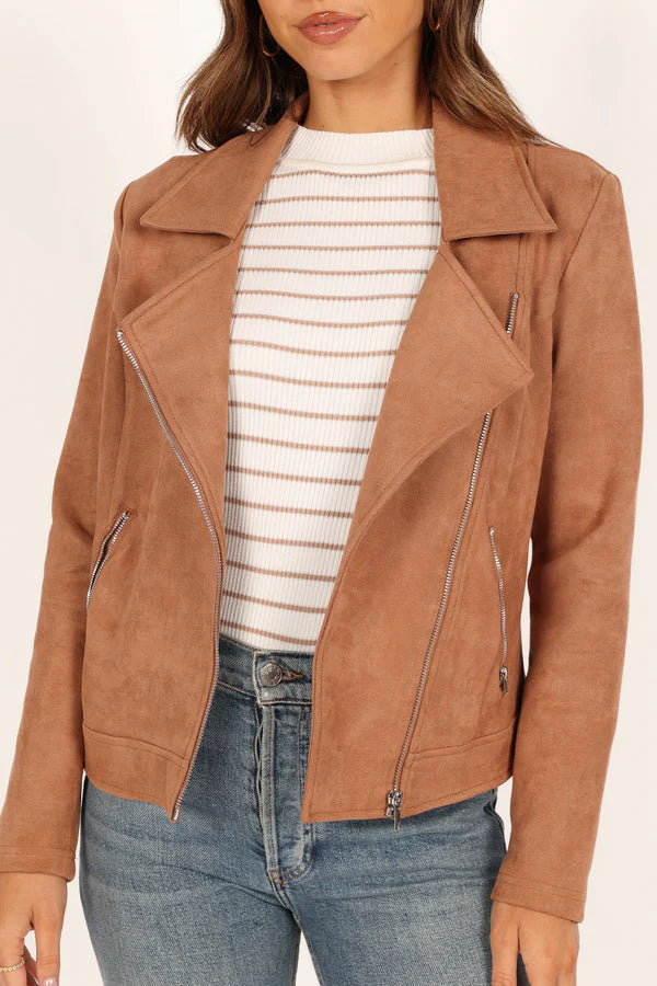 Women’s Faux Suede Moto Jacket, Collared Zip Front Jacket
